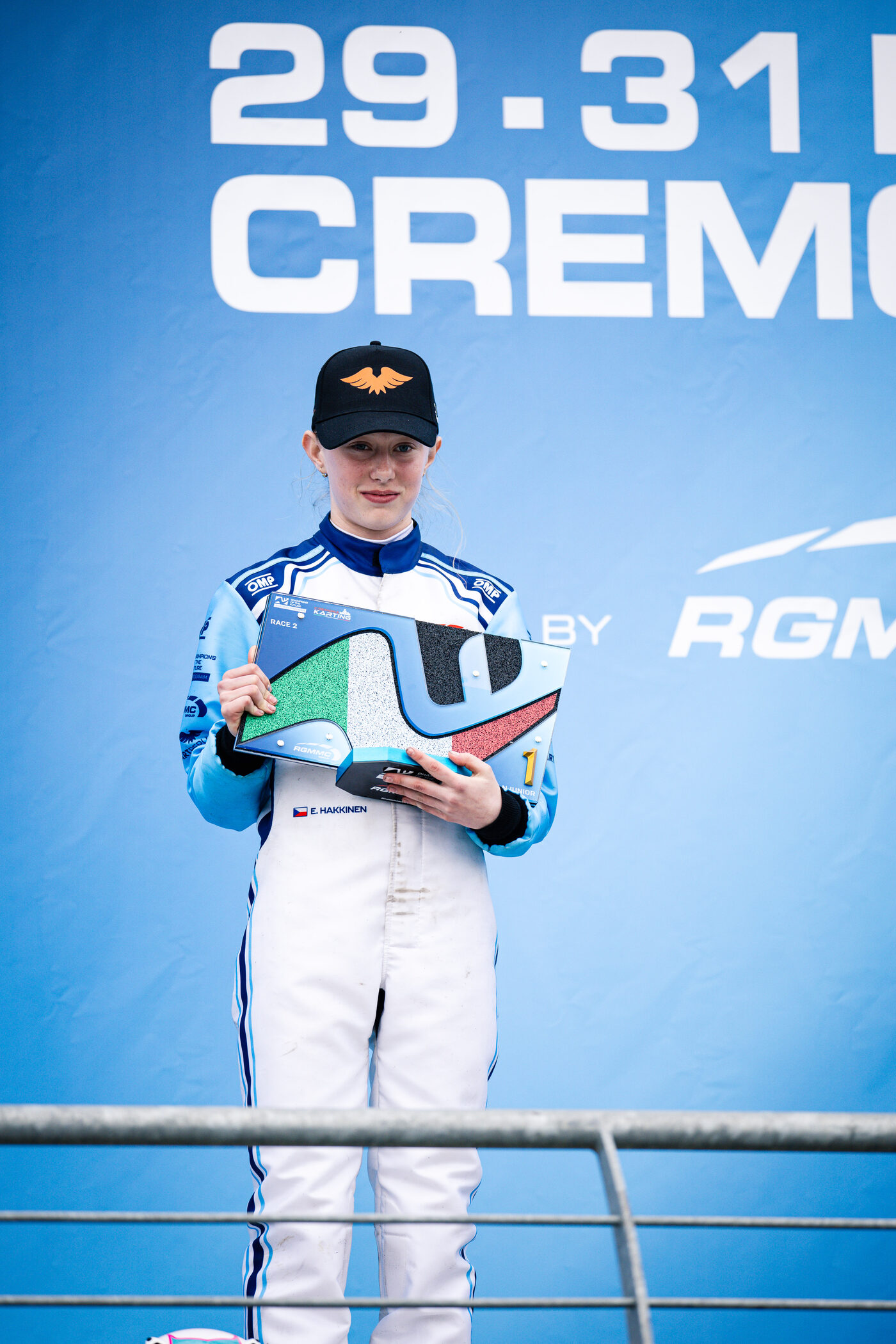 Ella Häkkinen on the top step of the podium at the Champions of the Future Academy round in Cremona