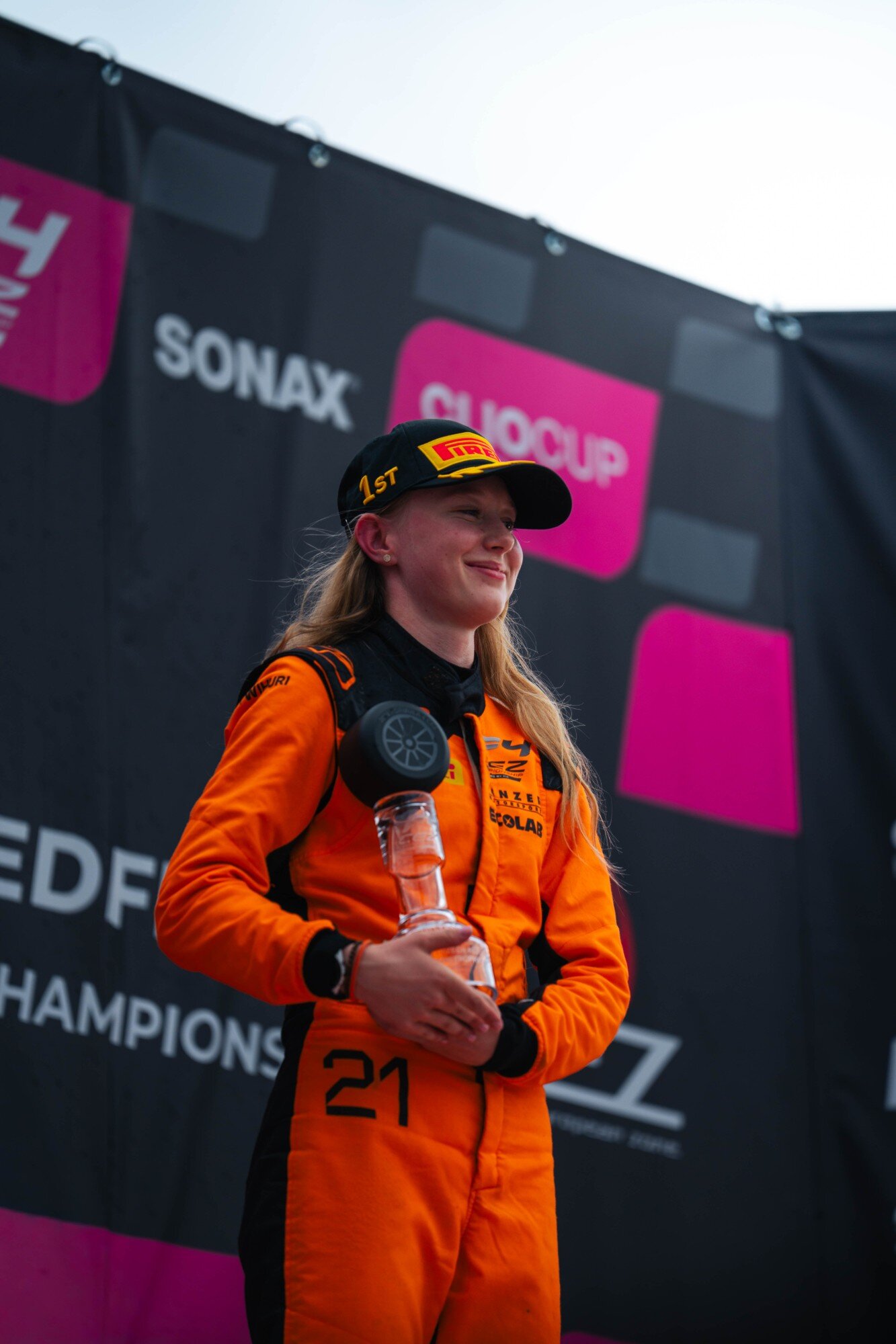 Ella Häkkinen on the podium with her trophy at Most, Czech Republic